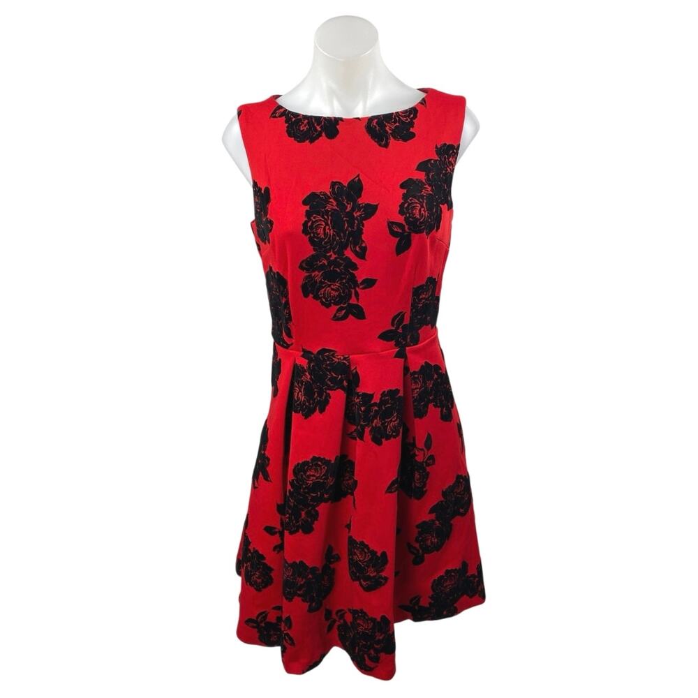 Sandra Darren Red Black Floral Jacquard Sleeveless Mini Fit & Flare Dress Size 8